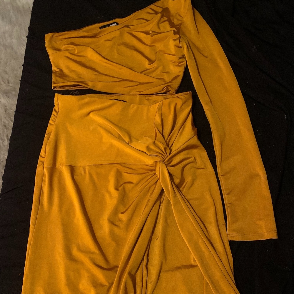 Fashion Nova Mustard Yellow Midi Skirt with Side Knot